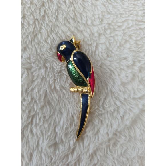 TROPICAL PARROT VTG PIN BROOCH ENAMEL INLAY GOLDTONE BirdOfParadise NavyRedGreen - Picture 2 of 4